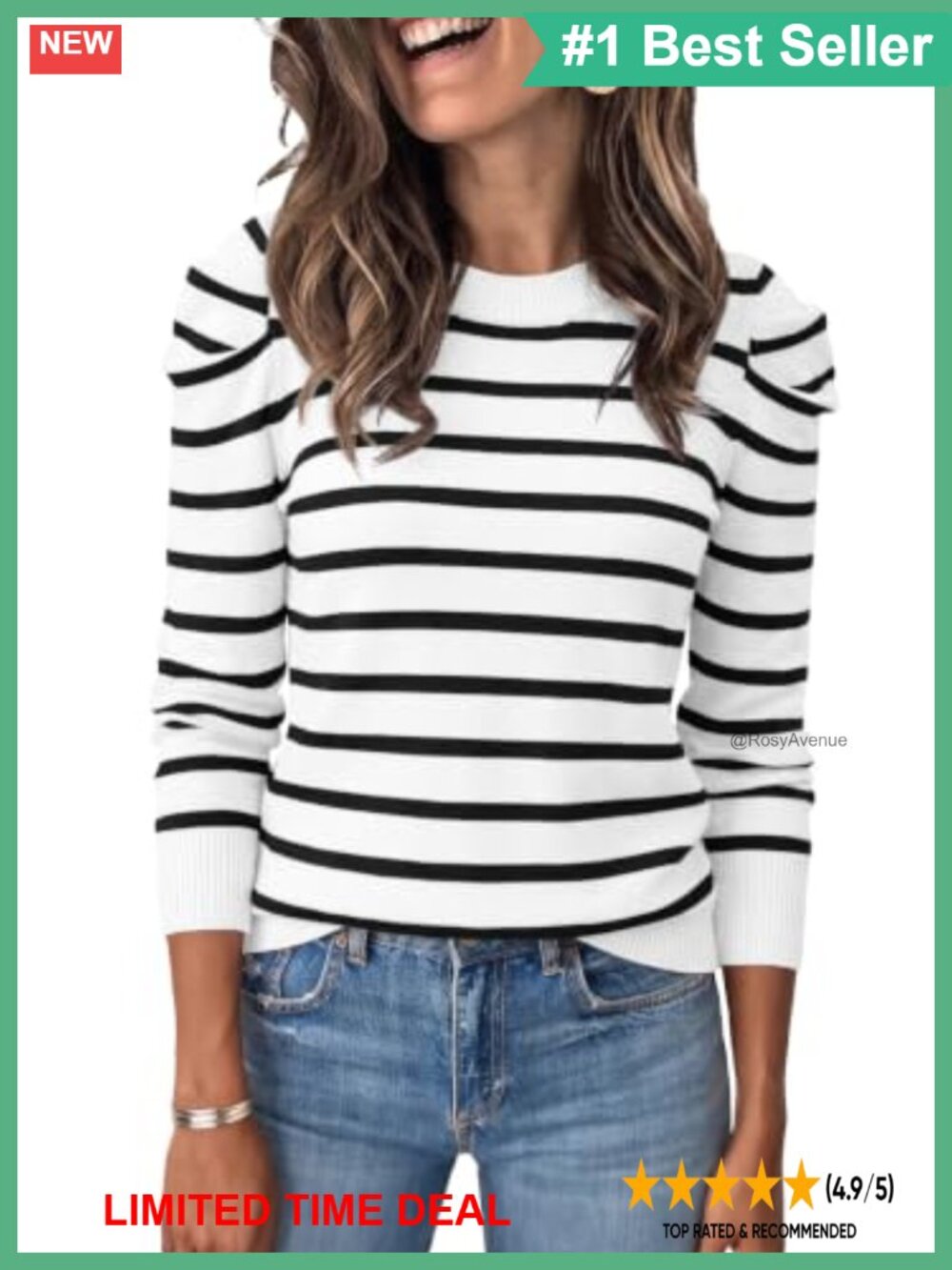Striped Puff Sleeve Knit Pullover Sweater